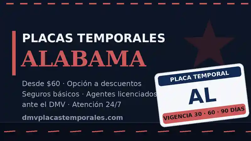 Placas temporales en Alabama desde $60 con vigencia de 30, 60 o 90 días - agentes licenciados ante el DMV