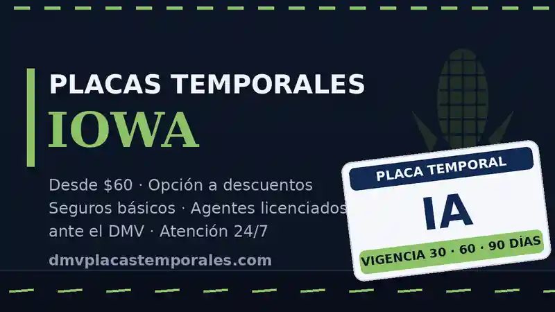 Placas temporales en Iowa desde $60 con vigencia de 30, 60 o 90 días - agentes licenciados ante el DMV