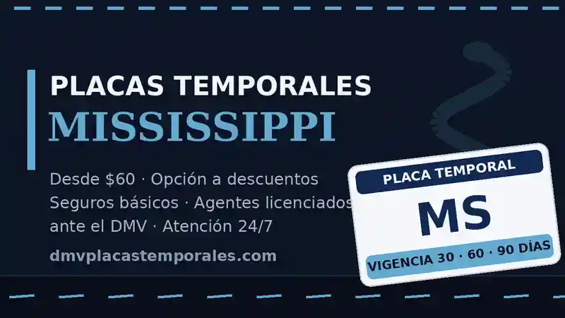 Placas temporales en Mississippi desde $60 con vigencia de 30, 60 o 90 días - agentes licenciados ante el DMV